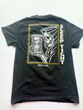 Rest Easy Sleep Tight Grim Reaper Graphic Tee Size S Black Streetwear Skull